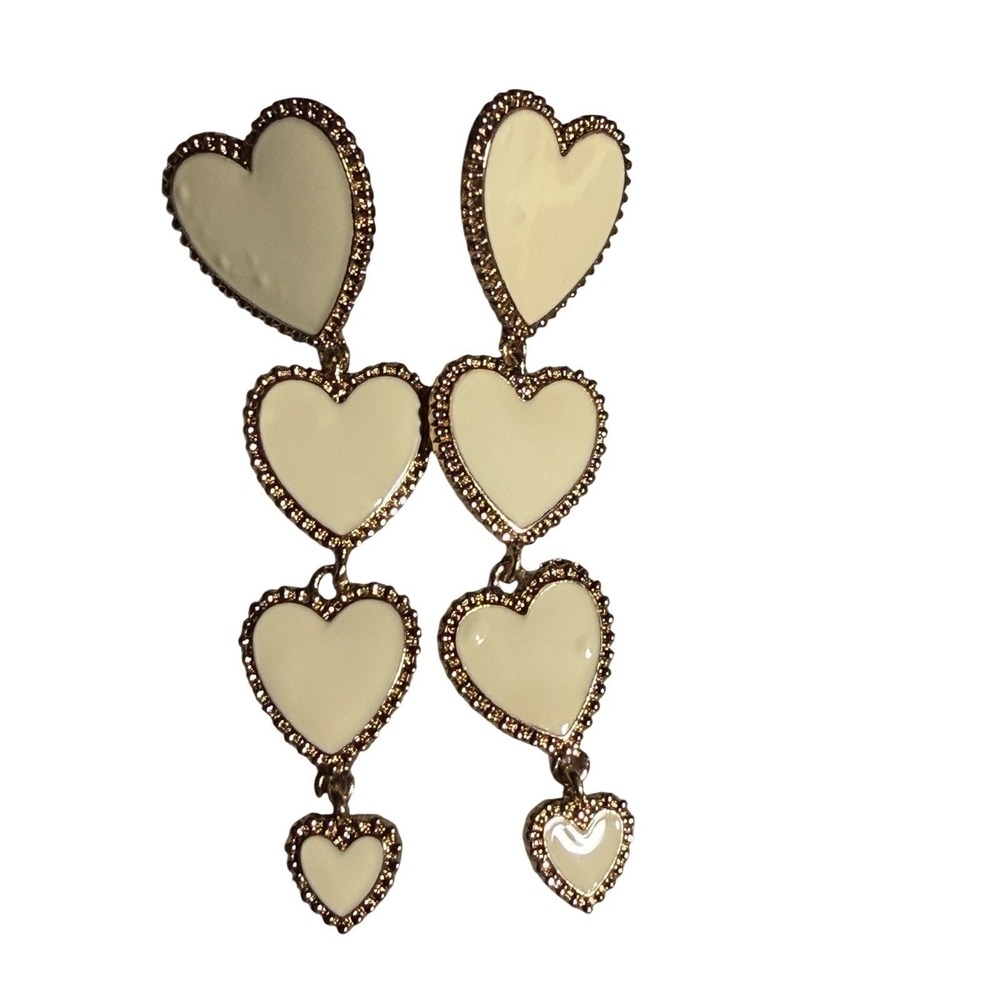 White Heart Long Punk Drop Gold Tone White Statement Earrings Note Imperfections
